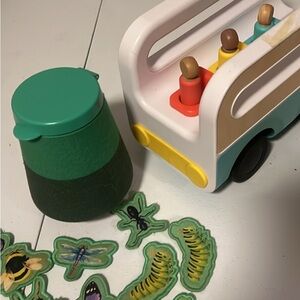 2 Lovevery Wooden Toy Bus with Figures and BUG shrub